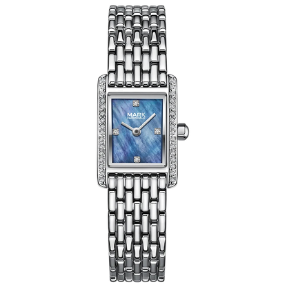 Silver watch with a blue face on a white background