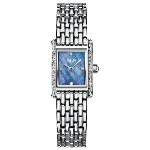 Silver watch with a blue face on a white background