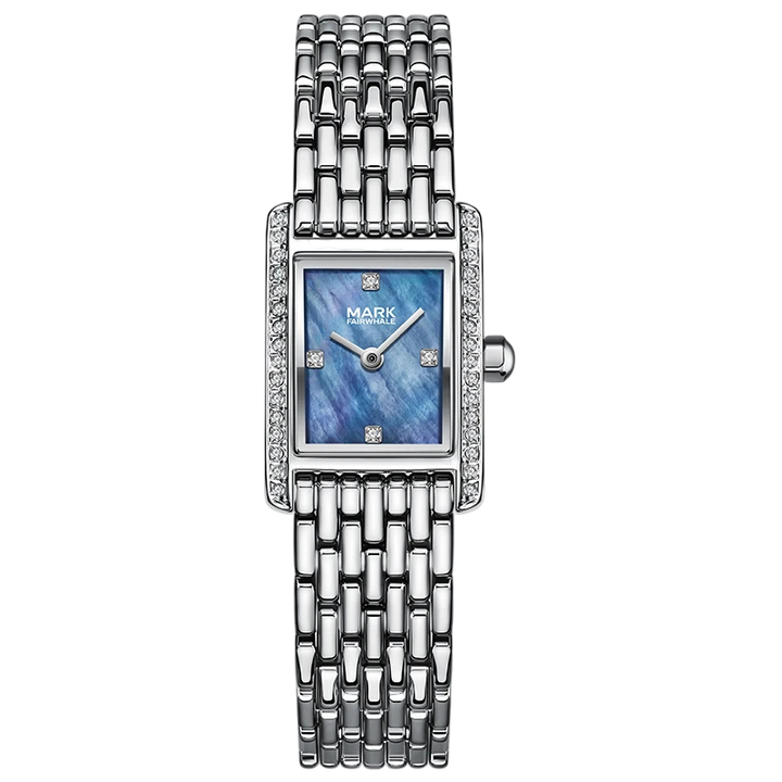 Silver watch with a blue face on a white background
