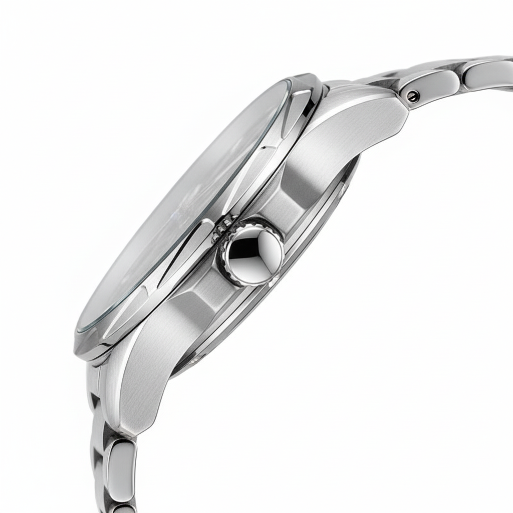 Silver watch with a white background