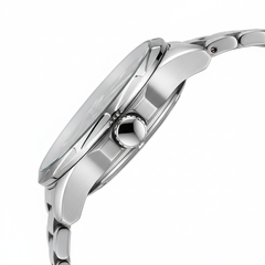 Silver watch with a white background