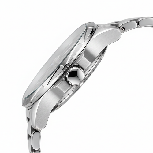 Silver watch with a white background