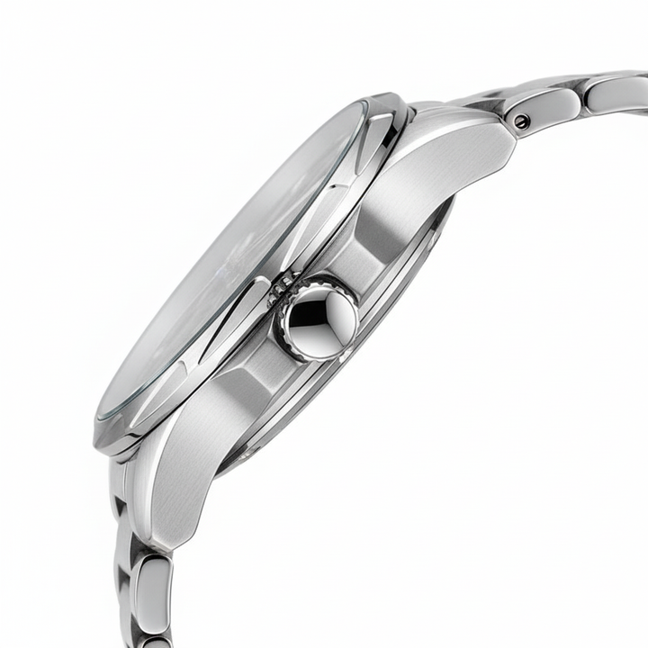 Silver watch with a white background