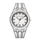 Silver watch with a white face on a white background