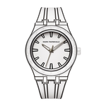 Silver watch with a white face on a white background