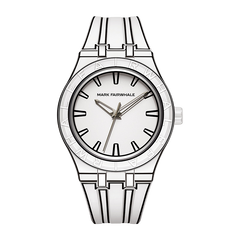 Silver watch with a white face on a white background