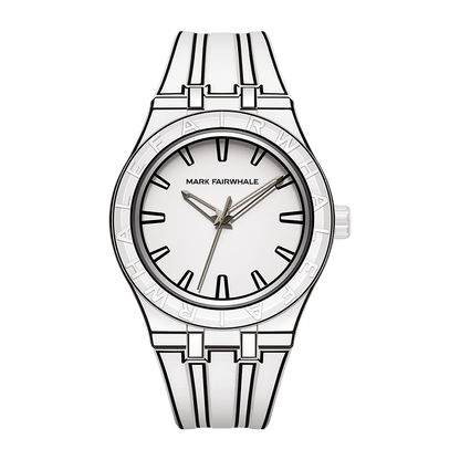 Silver watch with a white face on a white background