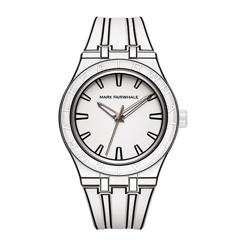 Silver watch with a white face on a white background