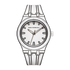 Silver watch with a white face on a white background