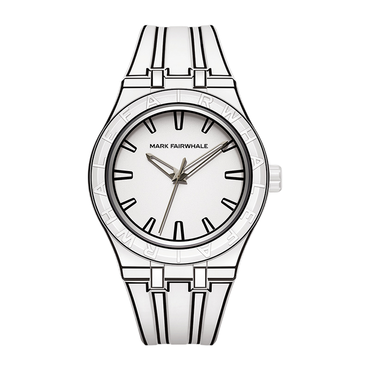 Silver watch with a white face on a white background