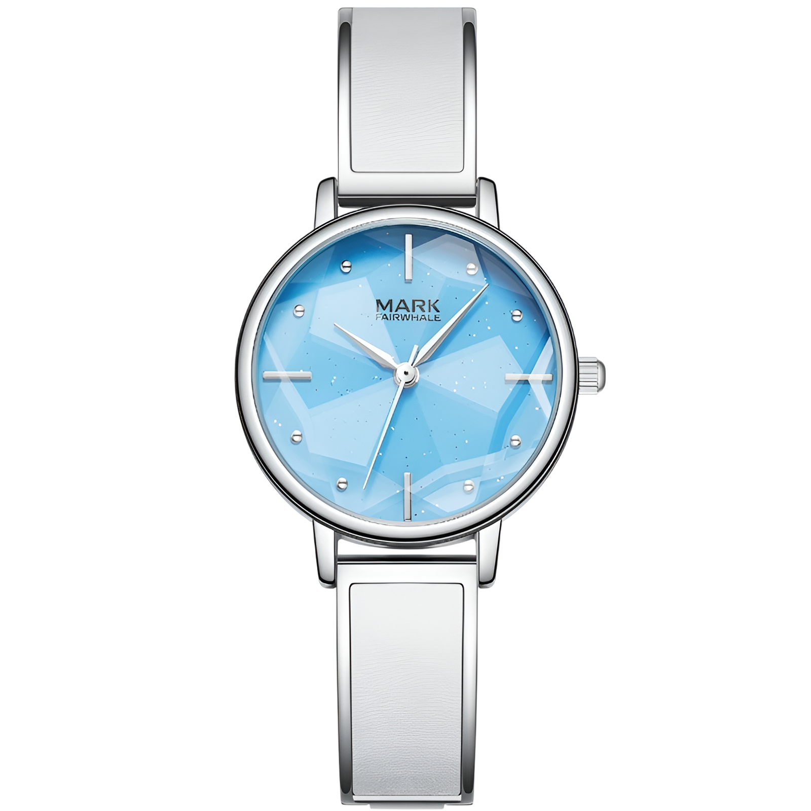 Silver watch with a blue face on a white background