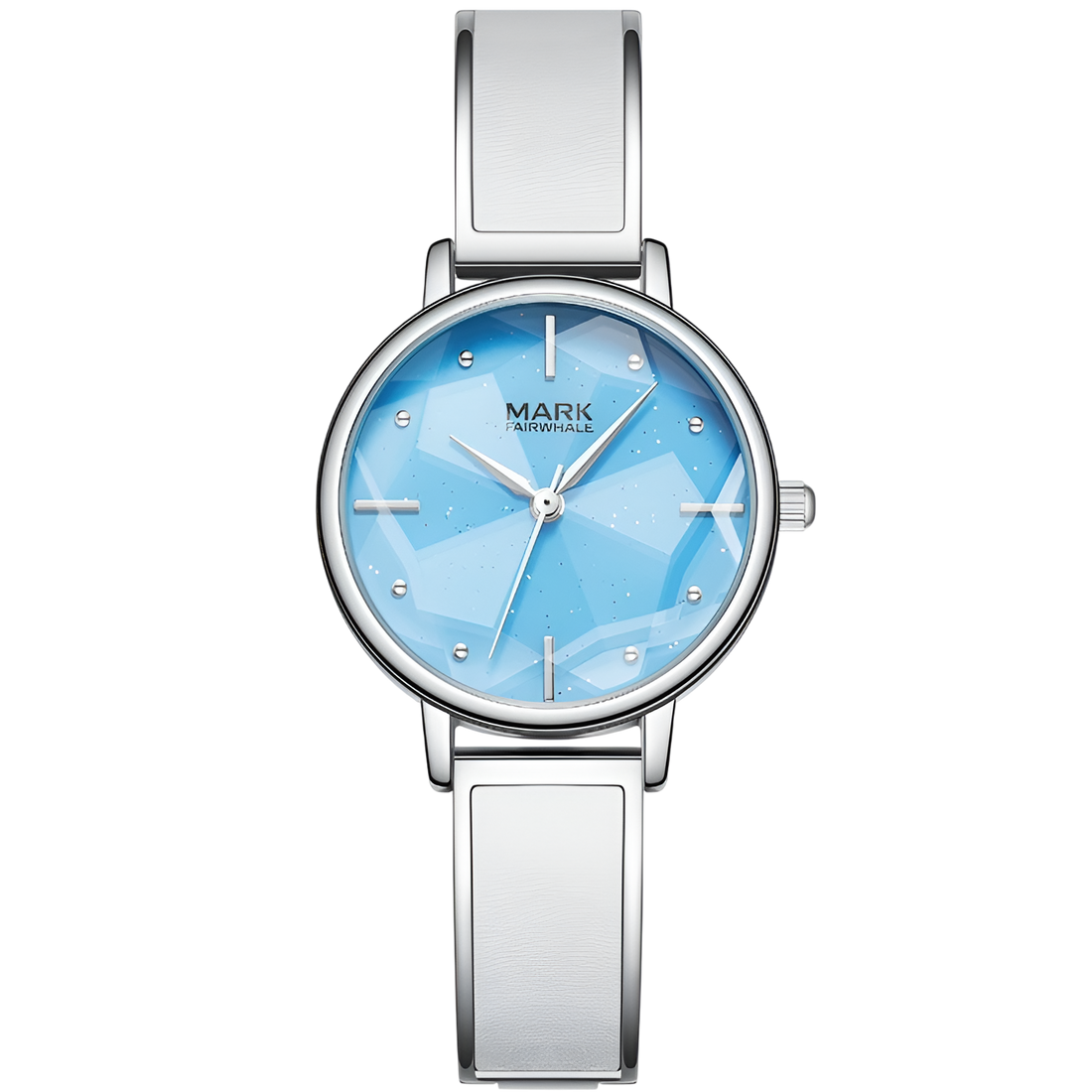 Silver watch with a blue face on a white background