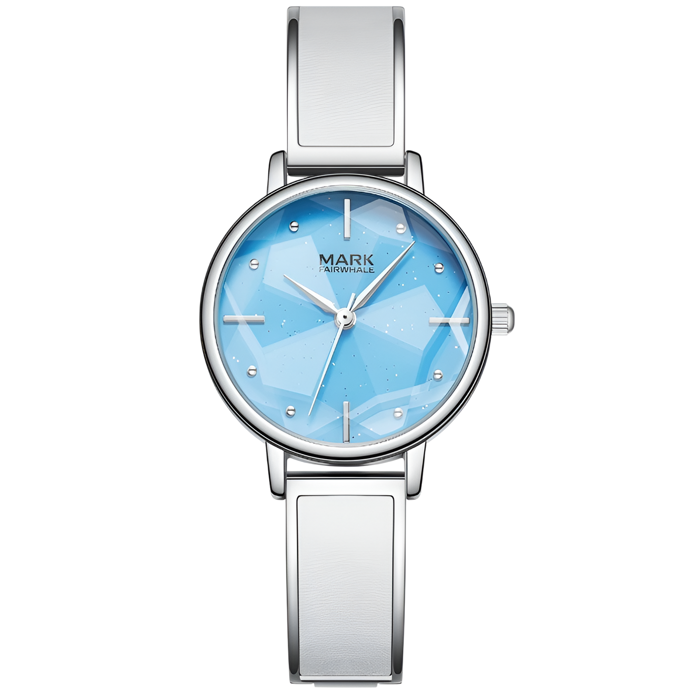 Silver watch with a blue face on a white background