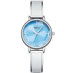 Silver watch with a blue face on a white background