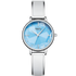Silver watch with a blue face on a white background