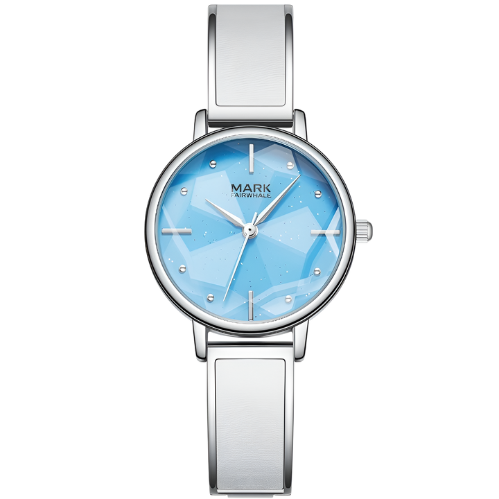 Silver watch with a blue face on a white background
