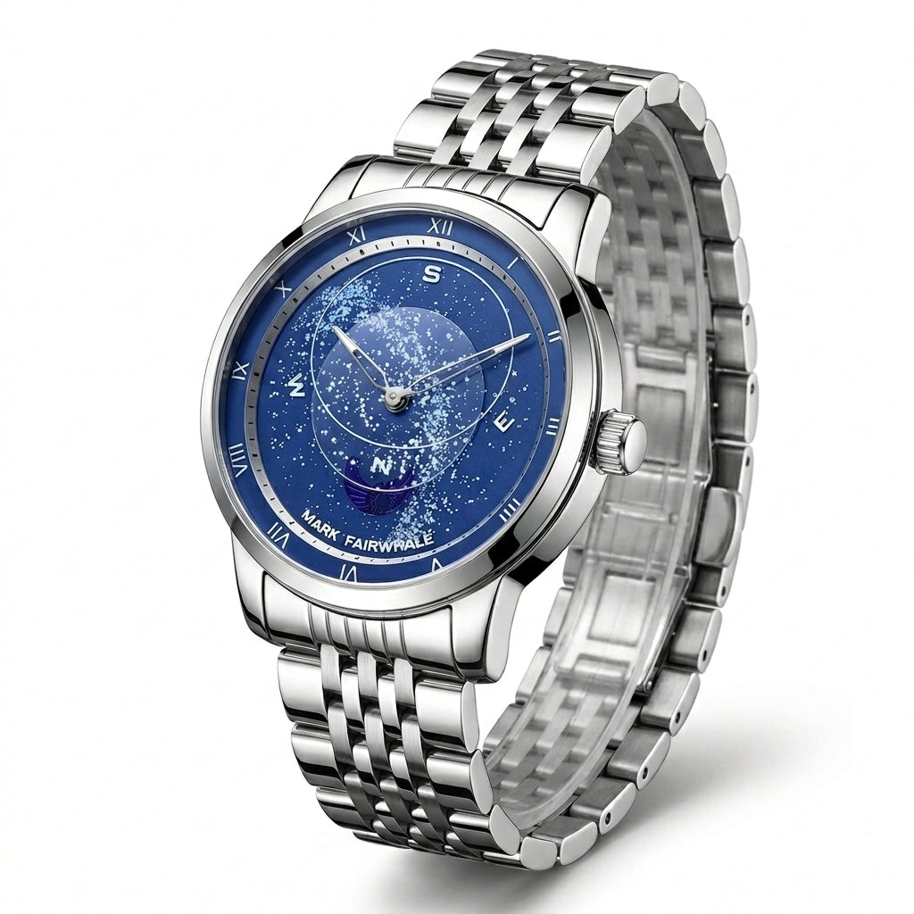 Silver watch with a blue face on a white background