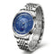 Silver watch with a blue face on a white background