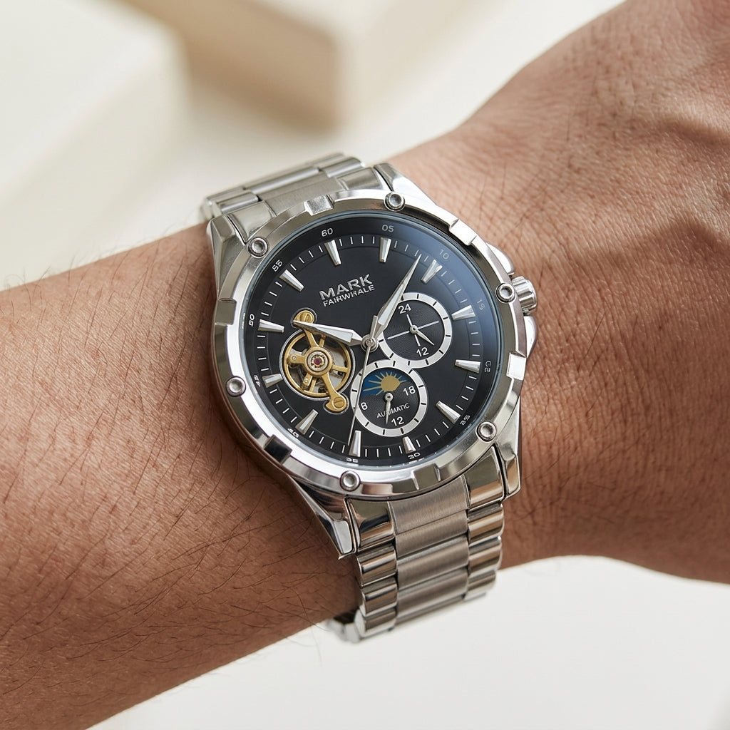 Silver watch with a black face on a wrist against a neutral background