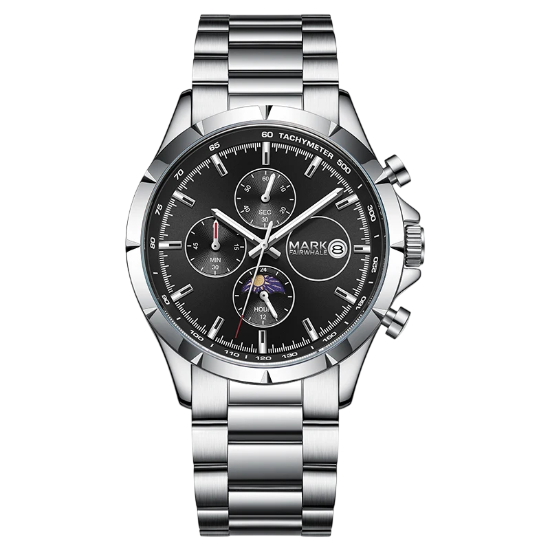 Silver watch with a black face on a white background