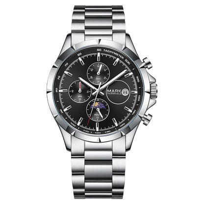 Silver watch with a black face on a white background