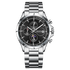 Silver watch with a black face on a white background