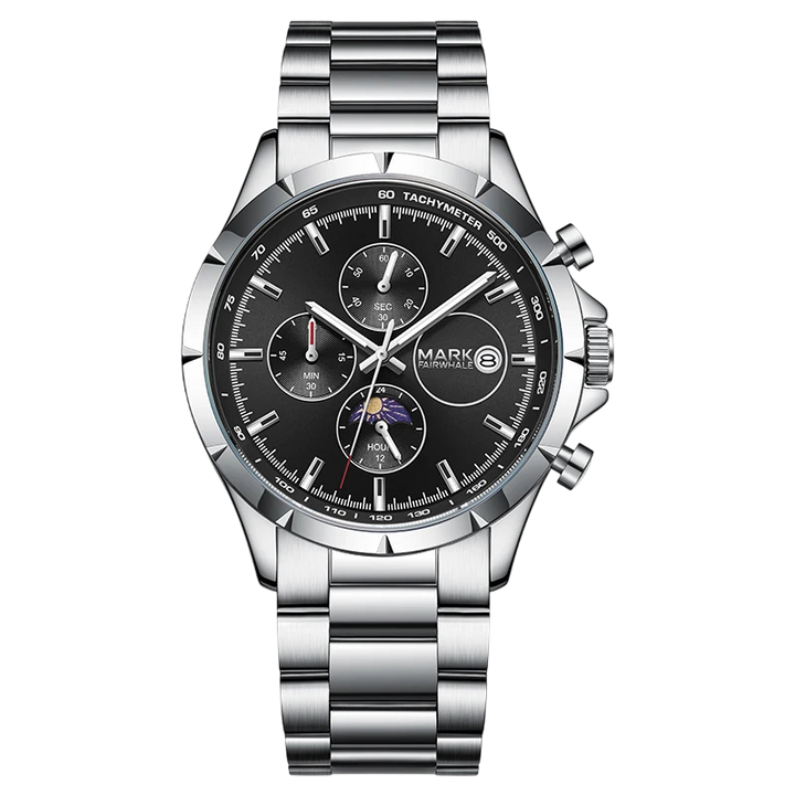 Silver watch with a black face on a white background