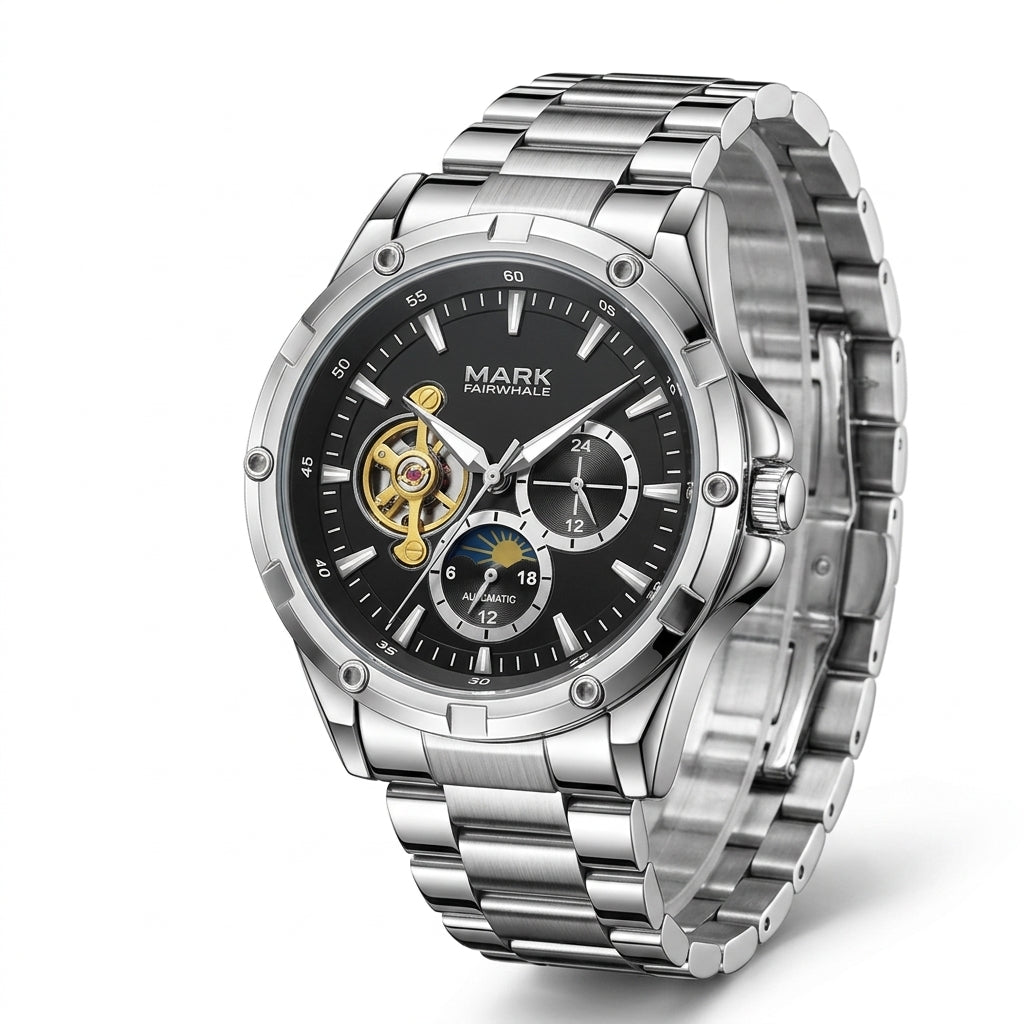 Silver watch with a black face on a white background