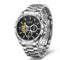 Silver watch with a black face on a white background