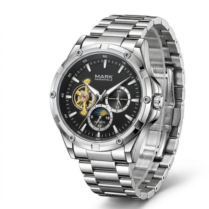 Silver watch with a black face on a white background