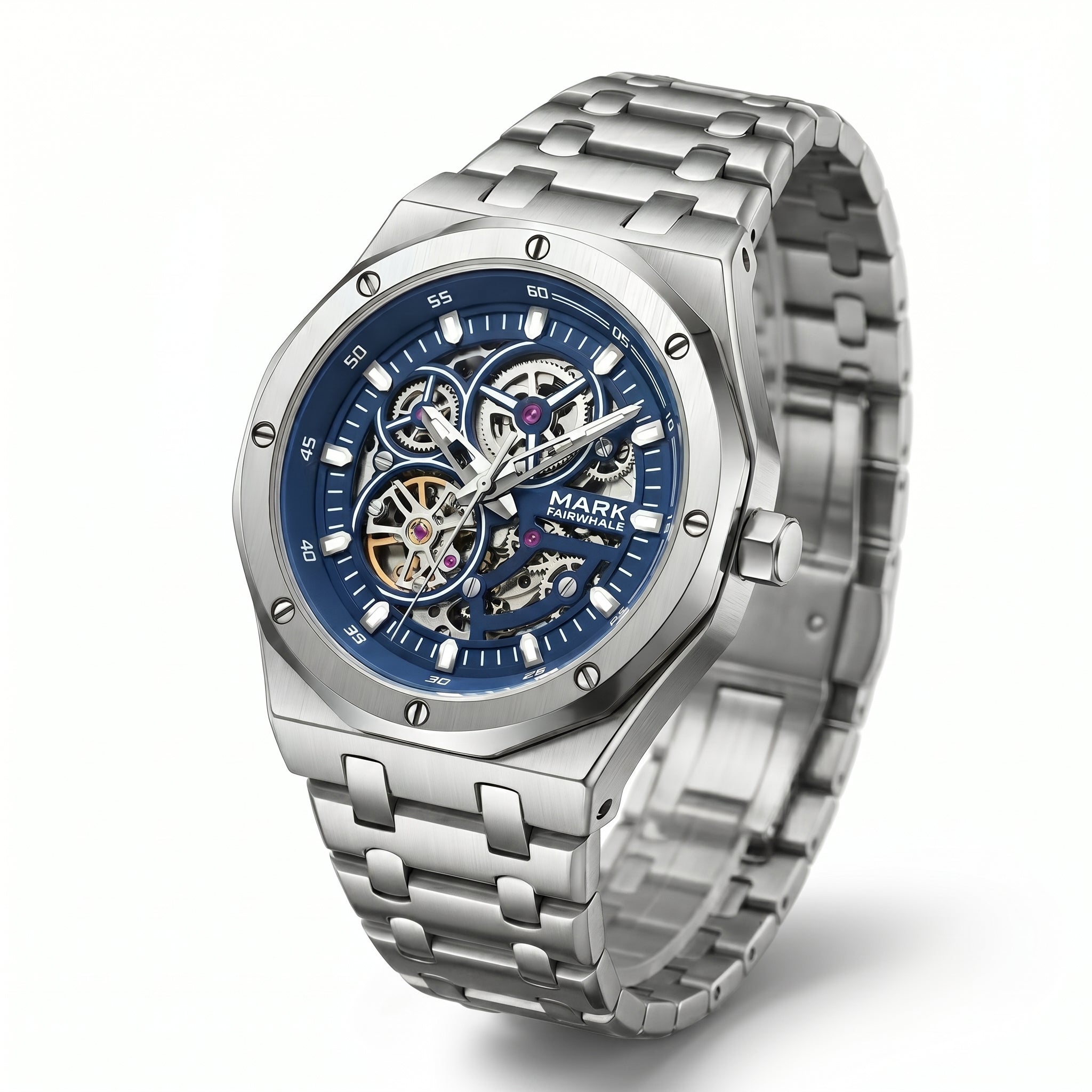 Silver watch with a blue face on a white background