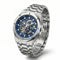 Silver watch with a blue face on a white background