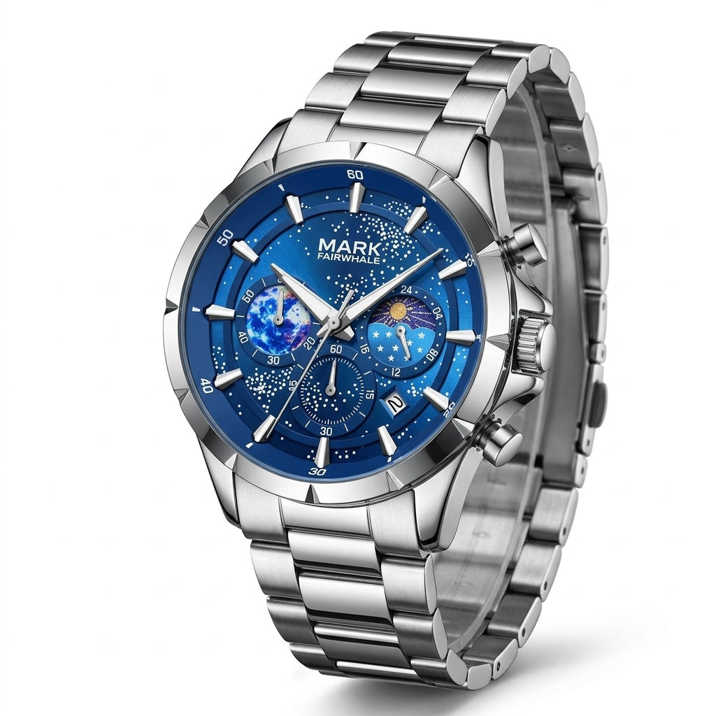 Silver watch with a blue face on a white background