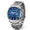 Silver watch with a blue face on a white background
