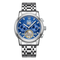 Silver watch with a blue face on a white background