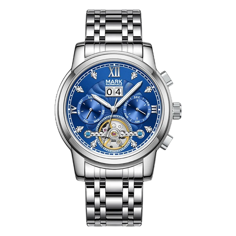 Silver watch with a blue face on a white background