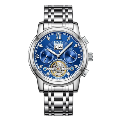 Silver watch with a blue face on a white background