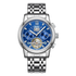 Silver watch with a blue face on a white background