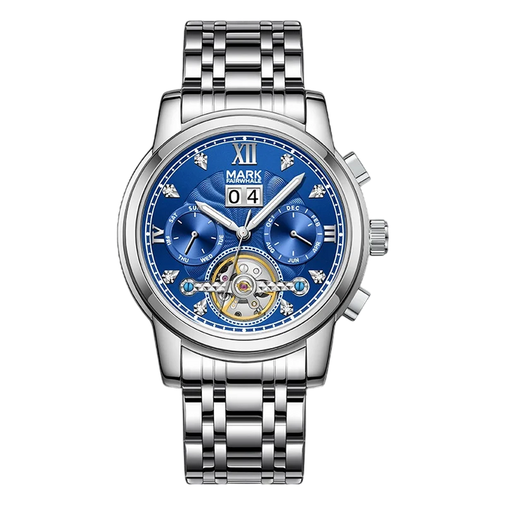 Silver watch with a blue face on a white background
