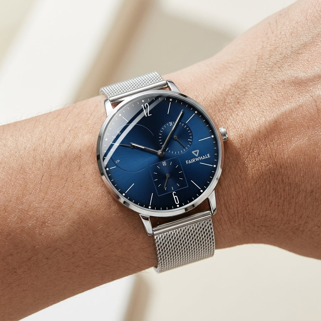 Silver watch with a blue face on a wrist against a neutral background