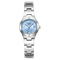 Silver watch with a blue face on a white background