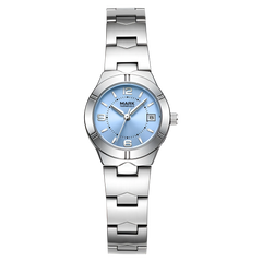 Silver watch with a blue face on a white background