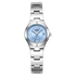 Silver watch with a blue face on a white background
