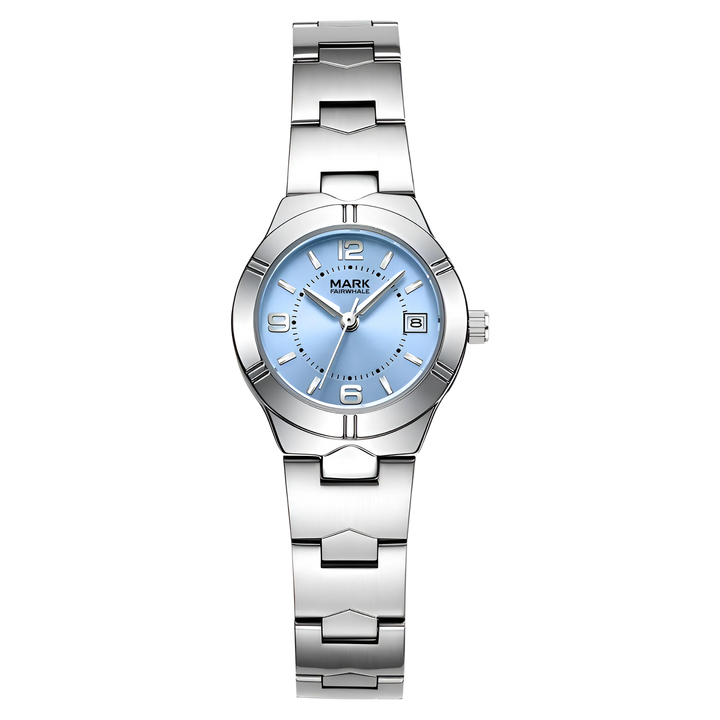 Silver watch with a blue face on a white background