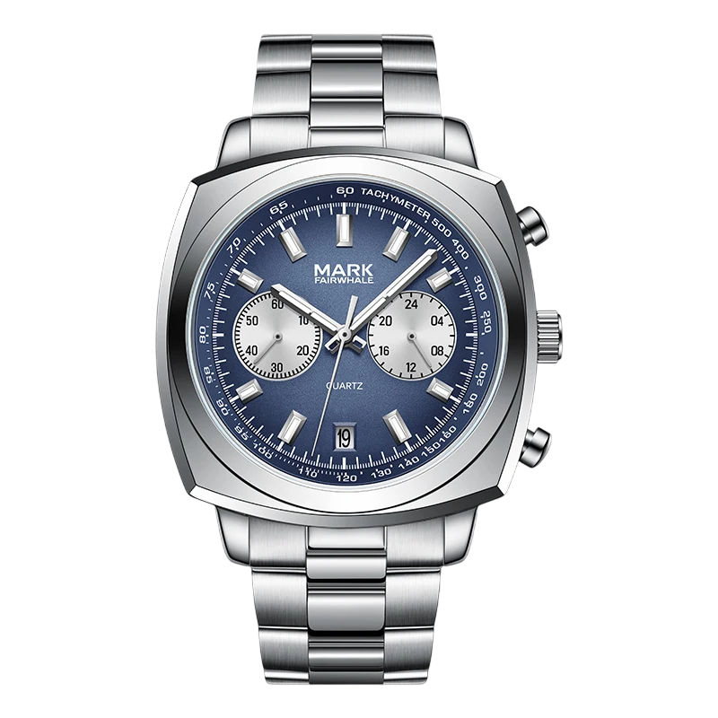 Silver watch with a blue face on a white background