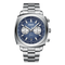 Silver watch with a blue face on a white background