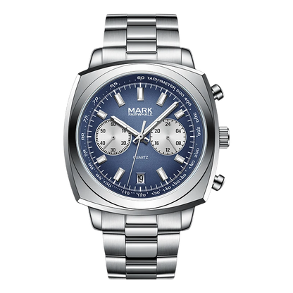 Silver watch with a blue face on a white background