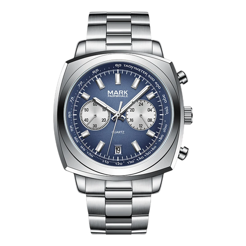 Silver watch with a blue face on a white background