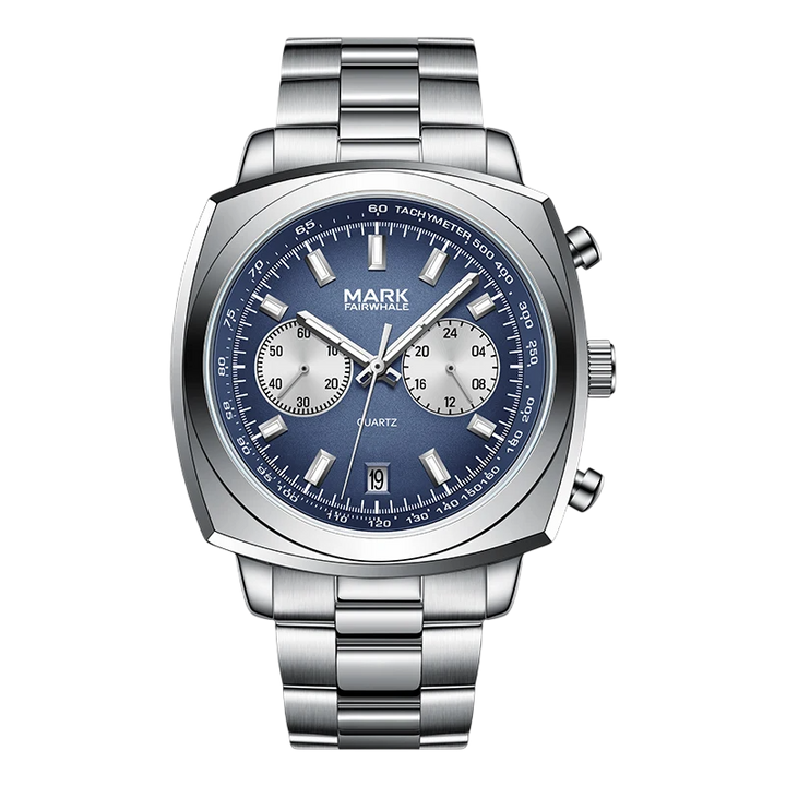 Silver watch with a blue face on a white background