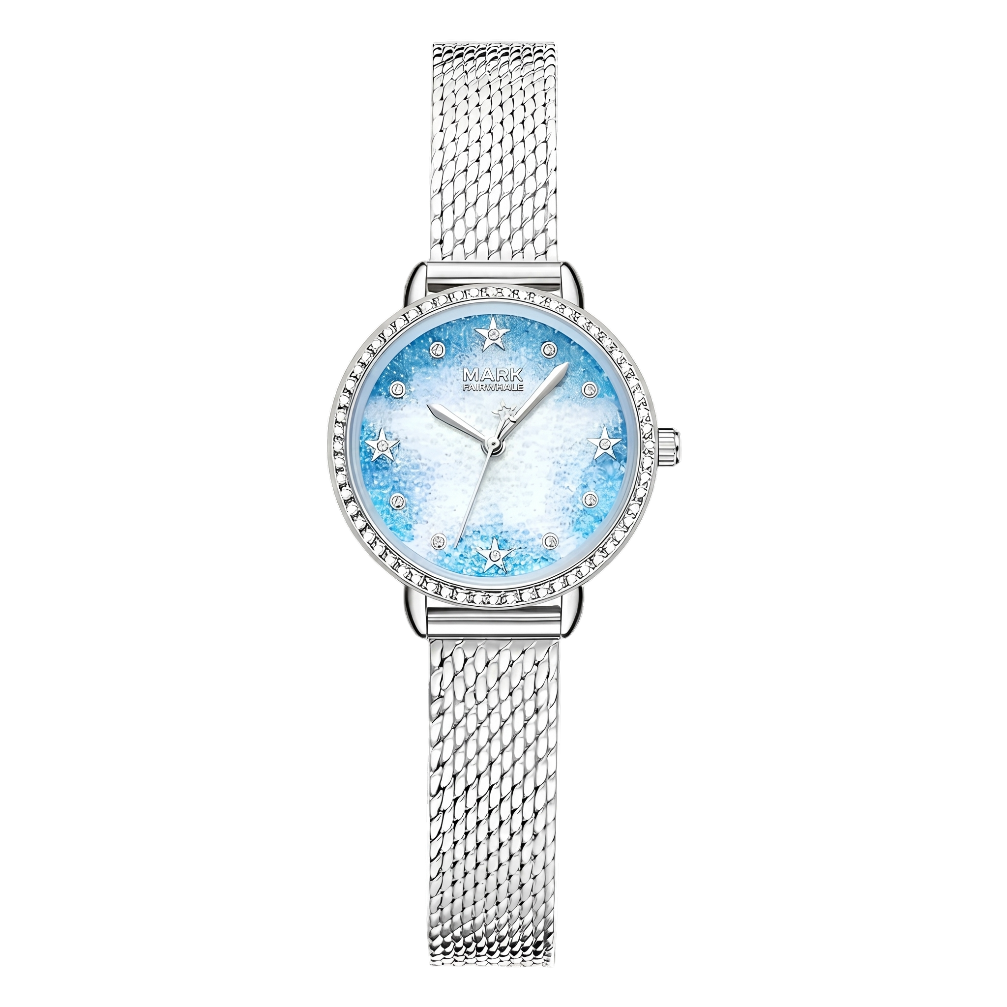 Silver watch with a blue face featuring star designs on a white background